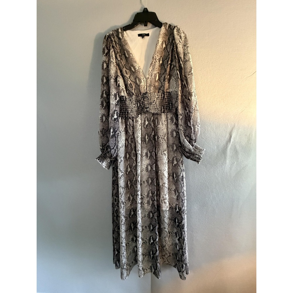 FATE Dress Womens S Gray Snake Print V Neck Long Sleeve Smocked Maxi Lined Boho